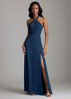 Azazie Tracie Bridesmaid Dresses Dark Navy A-Line Side Slit Stretch Satin Dress image1