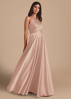 Azazie Charlize Bridesmaid Dresses English Rose A-Line One Shoulder Metallic Satin Dress image4