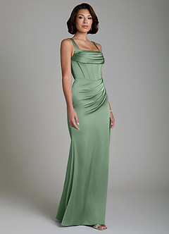 Azazie Amora Vestidos de damas de honor Vestido Matcha de Satén Elástico de Corte Sirena con Corsé image5