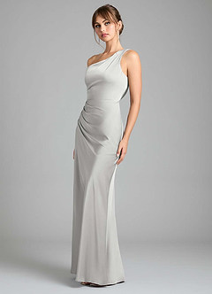 Azazie Madelyn Bridesmaid Dresses Silver Mermaid One Shoulder Stretch Satin Convertible Dress image6