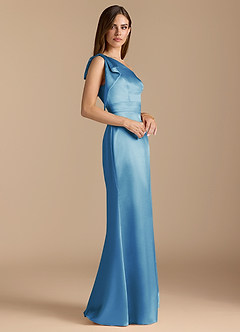 Azazie Rinna Bridesmaid Dresses Steel Blue Mermaid Ruched Metallic Satin Dress image3