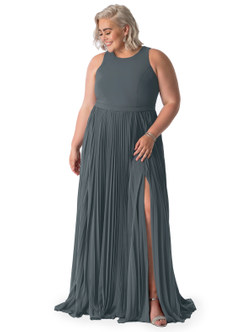 Azazie Lindie Final Sale Pewter A-Line Scoop Pleated Chiffon Dress image23