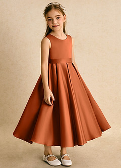 Azazie Junebuj vestidos de niña de las flores Vestido de Naranja Quemada de Satin Mate de Princesa con Plisado image5