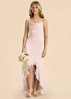 Azazie Magnolia Junior Blushing Pink Sheath Ruched Stretch Satin Dress image1