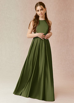 Azazie Arianthe Junior Olive A-Line with Pockets Stretch Satin Dress image2