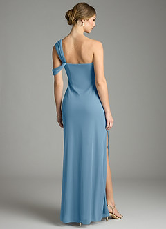 Azazie Tati Final Sale Steel Blue Sheath Off the Shoulder Mesh Dress image5