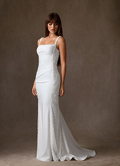 Azazie Shauna Wedding Dresses Diamond White Sheath Square Neckline Crepe Back Satin Dress image4