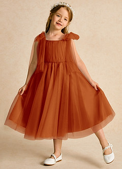 Azazie Dori Robe Demoiselle D'honneur Fillette Robe Trapèze en Tulle Rayé Paprika image4