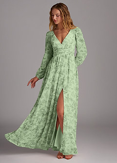 Azazie Norah Brautjungfernkleider A-Linie Lange Ärmel mit V-Ausschnitt Chiffon Kleid Grüner Farn Blumen image3
