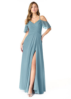 Azazie Dakota Abiti da Damigella Abito A-Line in Chiffon con Scollo a V a Pieghe Blu Lunatico image1