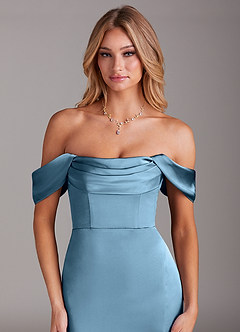 Azazie Saige Bridesmaid Dresses Steel Blue Mermaid Off the Shoulder Stretch Satin Dress image5