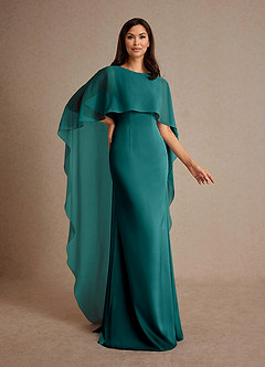 Azazie Milfred Mother of the Bride Dresses Peacock Sheath Boatneck Stretch Satin Dress image3