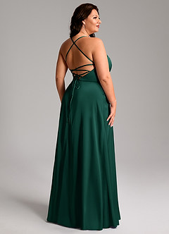 Azazie Mei Bridesmaid Dresses Emerald A-Line V-Neck Stretch Satin Dress image11