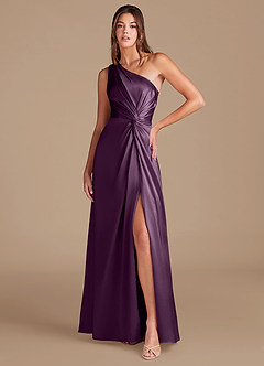 Azazie Brooke Bridesmaid Dresses Plum A-Line One Shoulder Metallic Satin Dress image1
