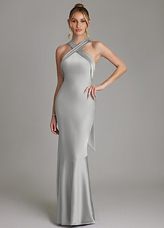 Azazie Reign Robes de demoiselle d'honneur Robe Sirène en Satin extensible Plissée Argent image1