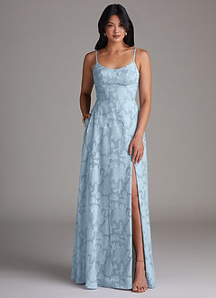Azazie Moira Vestidos de damas de honor Vestido de Azul Cielo de Devorado Floral de Corte en A con Corte Lateral image1