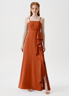 Azazie Kaylee Junior Burnt Orange A-Line with Belt Stretch Satin Dress image3