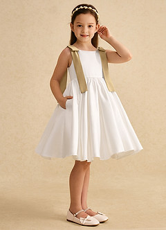Azazie Stacie Flower Girl Dresses Ivory Gold A-Line Bow Matte Satin Dress image2