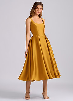 Azazie Amalie Bridesmaid Dresses Butterscotch A-Line Pleated Stretch Satin Dress image1
