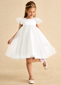 Azazie Munchkin Flower Girl Dresses Ivory Blushing Pink A-Line Bow Tulle Dress image3