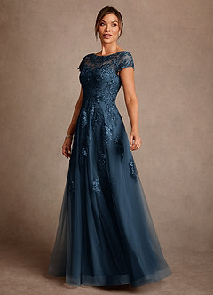 Azazie Jalinda vestidos de madre de la novia Vestido Azul Marino Oscuro de Gasa de Corte en A con Encaje image4
