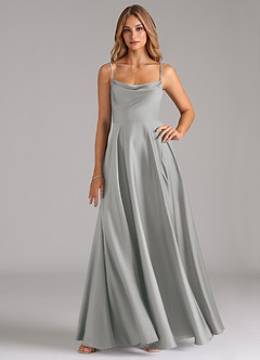 Azazie Elle Bridesmaid Dresses Silver A-Line Pleated Stretch Satin Dress image1