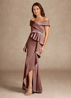 Azazie Dareia Mother of the Bride Dresses Espresso Mermaid Off the Shoulder Stretch Satin Dress image7