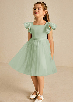 Azazie Kaeya Robe Demoiselle D'honneur Fillette Robe Trapèze en Tulle Arc Vert Sauge image4