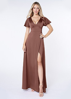 Azazie Lani Bridesmaid Dresses Espresso A-Line Flounce Sleeve Stretch Satin Dress image1