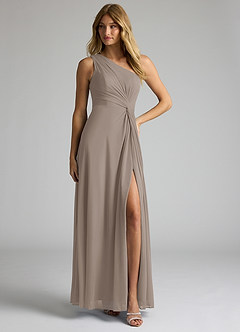 Azazie Brooke Robes de demoiselle d'honneur Robe Trapèze en Maille Ue épaule Taupe image3
