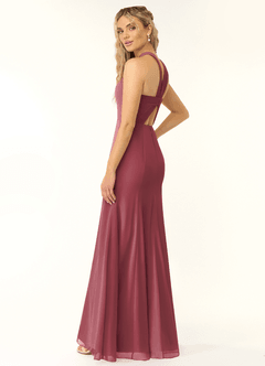 Azazie Rue Vestidos de damas de honor Vestido de Merlot de Gasa de Corte en A con Halter image4