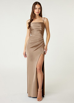 Azazie Desi Bridesmaid Dresses Taupe Sheath Halter Corset Stretch Satin Dress image1