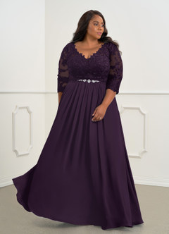 Azazie Hayek Mère de la mariée Robes Robe Trapèze en Mousseline de soie Col V en dentelle Prune image9