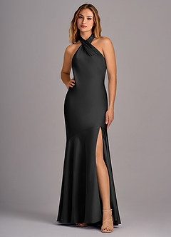 Azazie Lorena Vestidos de damas de honor Vestido de Negro de Satén Elástico de Corte Sirena con Plisado image1