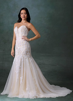 Azazie Chelley At-home Try On Dresses Diamond White Champagne Mermaid Strapless Tulle Dress image3