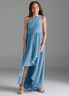 Azazie Mathilda Junior Steel Blue A-Line Pleated Chiffon Dress image4