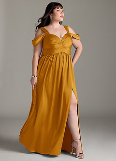 Azazie Lianne Bridesmaid Dresses Butterscotch A-Line Off the Shoulder Stretch Satin Dress image12