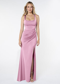 Azazie Mero Robes de demoiselle d'honneur Robe Sirène en Satin extensible Plissée Rose Bonbon image1