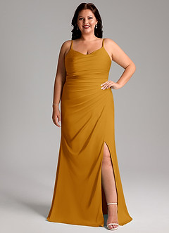 Azazie Deandra Bridesmaid Dresses Butterscotch Mermaid Pleated Stretch Satin Dress image1