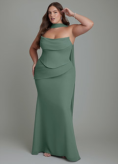 Azazie Sorrel Vestidos de damas de honor Vestido Musgo Marino de Gasa de Corte Sirena con Corsé image12