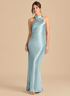 Azazie Velli Robes de demoiselle d'honneur Robe Fourreau en Satiné métallisé Col Haut Brume image4