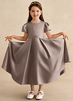 Azazie Princess Flower Girl Dresses Taupe A-Line Pleated Matte Satin Dress image3