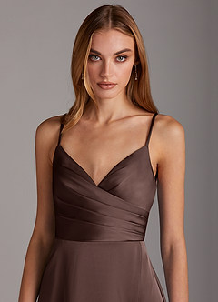 Azazie Calissa Final Sale Agave A-Line V-Neck Pleated Stretch Satin Dress image5