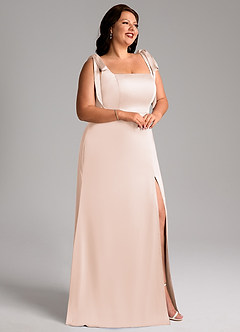 Azazie Frostine Bridesmaid Dresses Blushing Pink A-Line Bow Stretch Satin Dress image11