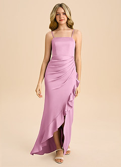 Azazie Buzzy Junior Candy Pink Sheath Pleated Stretch Satin Dress image4