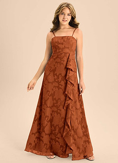 Azazie Kaylee Junior Burnt Orange A-Line with Belt Floral Burnout Dress image1