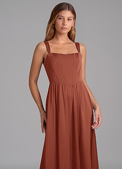 Azazie Rosaline Vestidos de madrinha de casamento Vestido Castanho Aloirado de Cetim elástico de Linha A com Fenda Lateral image6