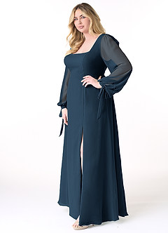 Azazie Leonia Robes de demoiselle d'honneur Robe Trapèze en Mousseline de soie Manches longues Bleu Marine Foncé image3