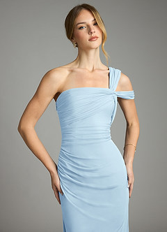 Azazie Tati Bridesmaid Dresses Sky Blue Sheath Off the Shoulder Mesh Dress image1