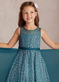 Azazie Siwa Flower Girl Dresses Ink Blue A-Line Beaded Tulle Dress image1